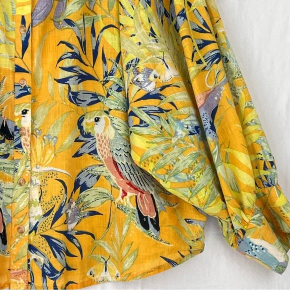 Anthropologie Maeve Yellow Tropical Floral Bird Top Sz L Relaxed Cotton Button - Picture 6 of 14
